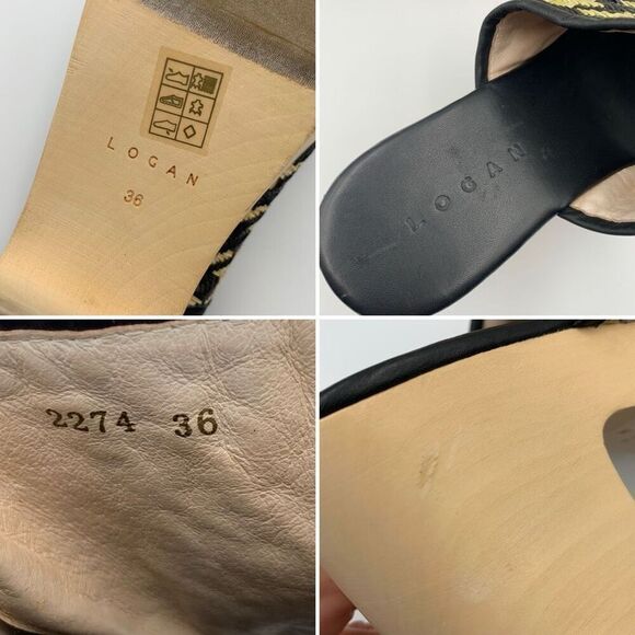 Logan Open Toe Leather‎ Raffia Houndstooth Wooden Clog Black Cream Size 36 - Picture 10 of 13